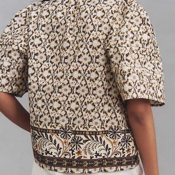 NWT By Anthropologie Pleated Puff-Sleeve Cotton Brown Ethnic Blouse Sz. XXS P - Picture 3 of 6